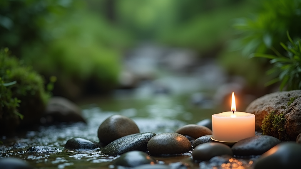 A tranquil scene depicting a lit candle, a smooth stone, and a flowing stream, meant to evoke a sense of calm and mindfulness in nature.